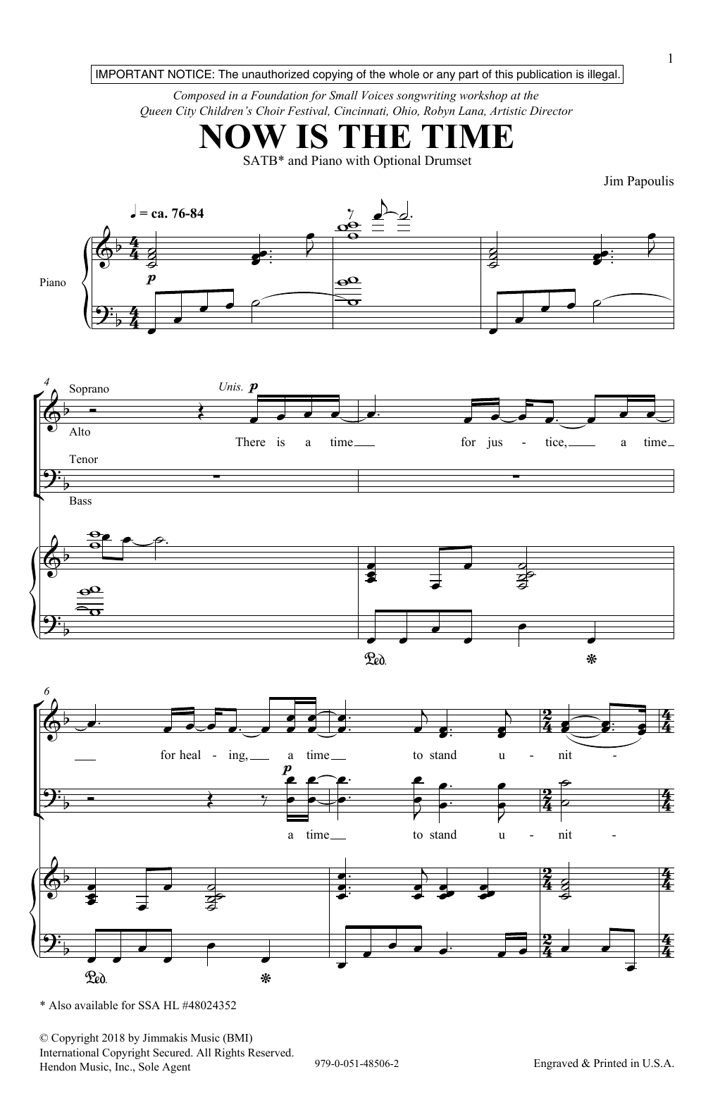 Download Jim Papoulis Now Is The Time Sheet Music and learn how to play SATB Choir PDF digital score in minutes