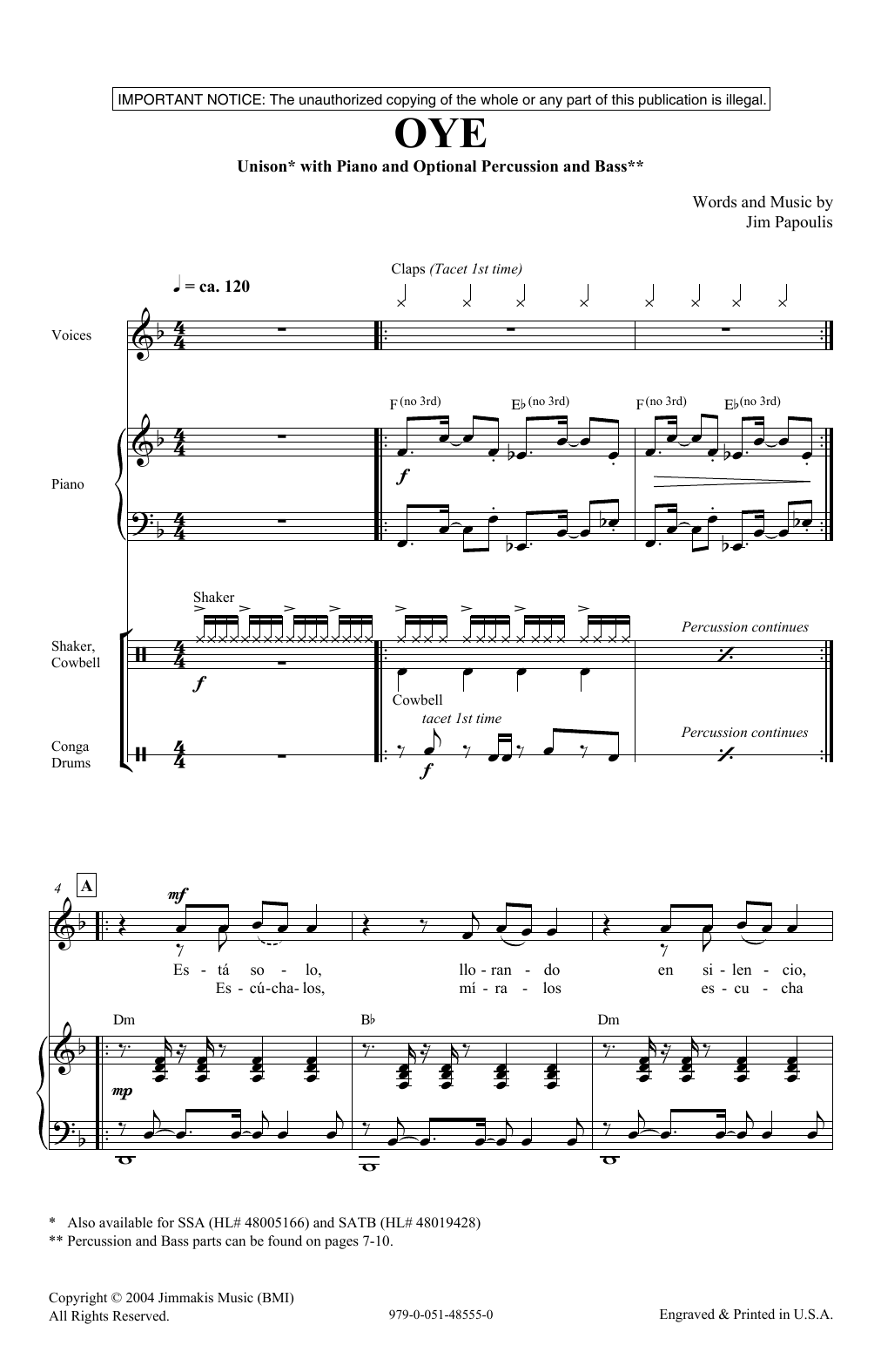 Download Jim Papoulis Oye Sheet Music and learn how to play Unison Choir PDF digital score in minutes