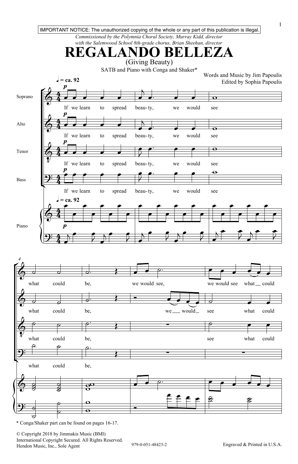 Download Jim Papoulis Regalando Belleza Sheet Music and learn how to play SATB PDF digital score in minutes