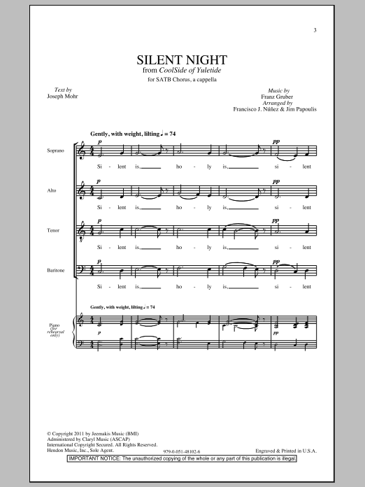 Download Jim Papoulis Silent Night Sheet Music and learn how to play SATB Choir PDF digital score in minutes