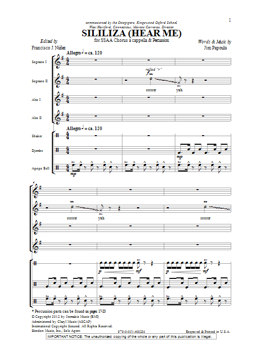 Download Jim Papoulis Sililiza (Hear Me) Sheet Music and learn how to play SATB PDF digital score in minutes