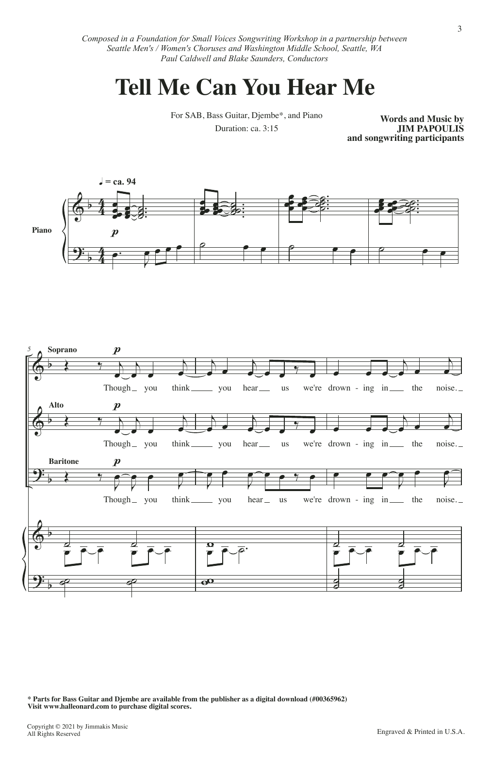 Download Jim Papoulis Tell Me Can You Hear Me Sheet Music and learn how to play SAB Choir PDF digital score in minutes