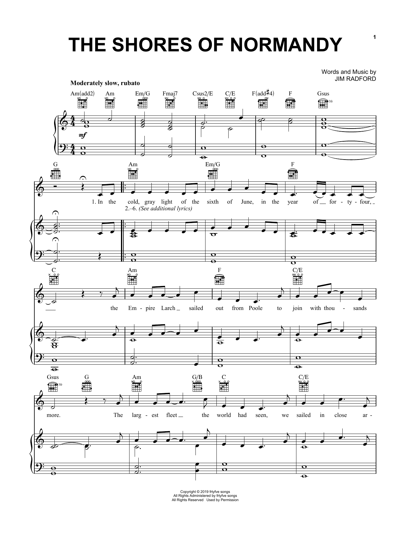 Download Jim Radford The Shores Of Normandy Sheet Music and learn how to play Piano, Vocal & Guitar Chords (Right-Hand Melody) PDF digital score in minutes