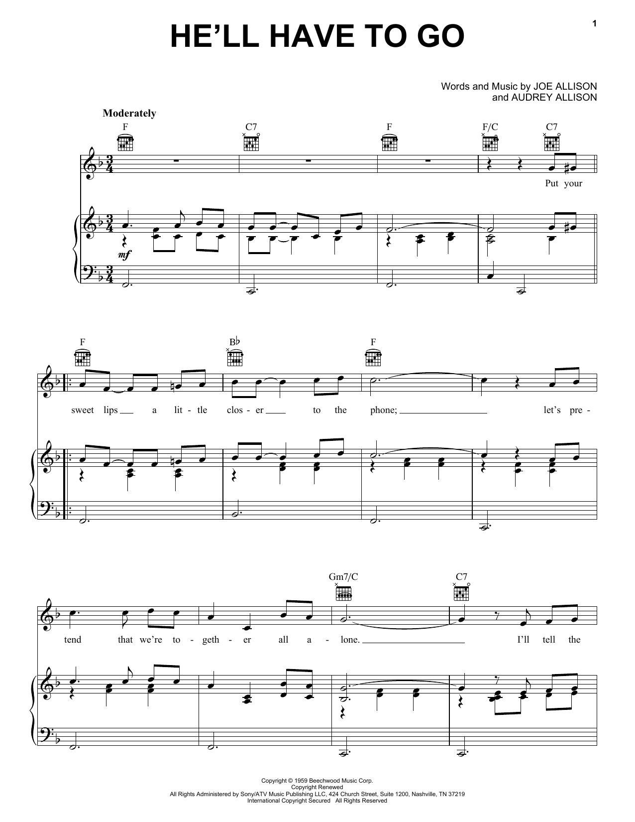 Download Jim Reeves He'll Have To Go Sheet Music and learn how to play Piano, Vocal & Guitar (Right-Hand Melody) PDF digital score in minutes