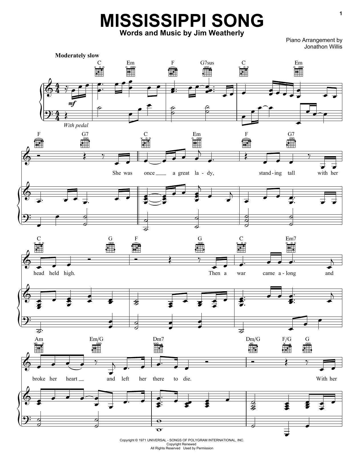 Download Jim Weatherly Mississippi Song Sheet Music and learn how to play Piano, Vocal & Guitar (Right-Hand Melody) PDF digital score in minutes