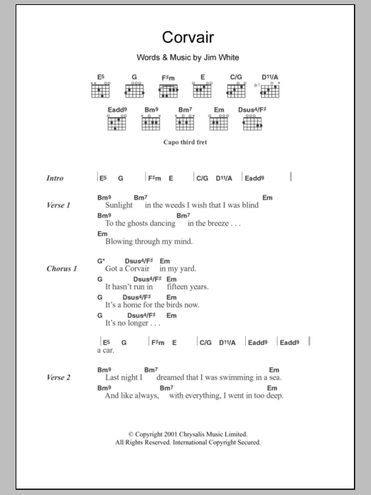 Download Jim White Corvair Sheet Music and learn how to play Lyrics & Chords PDF digital score in minutes