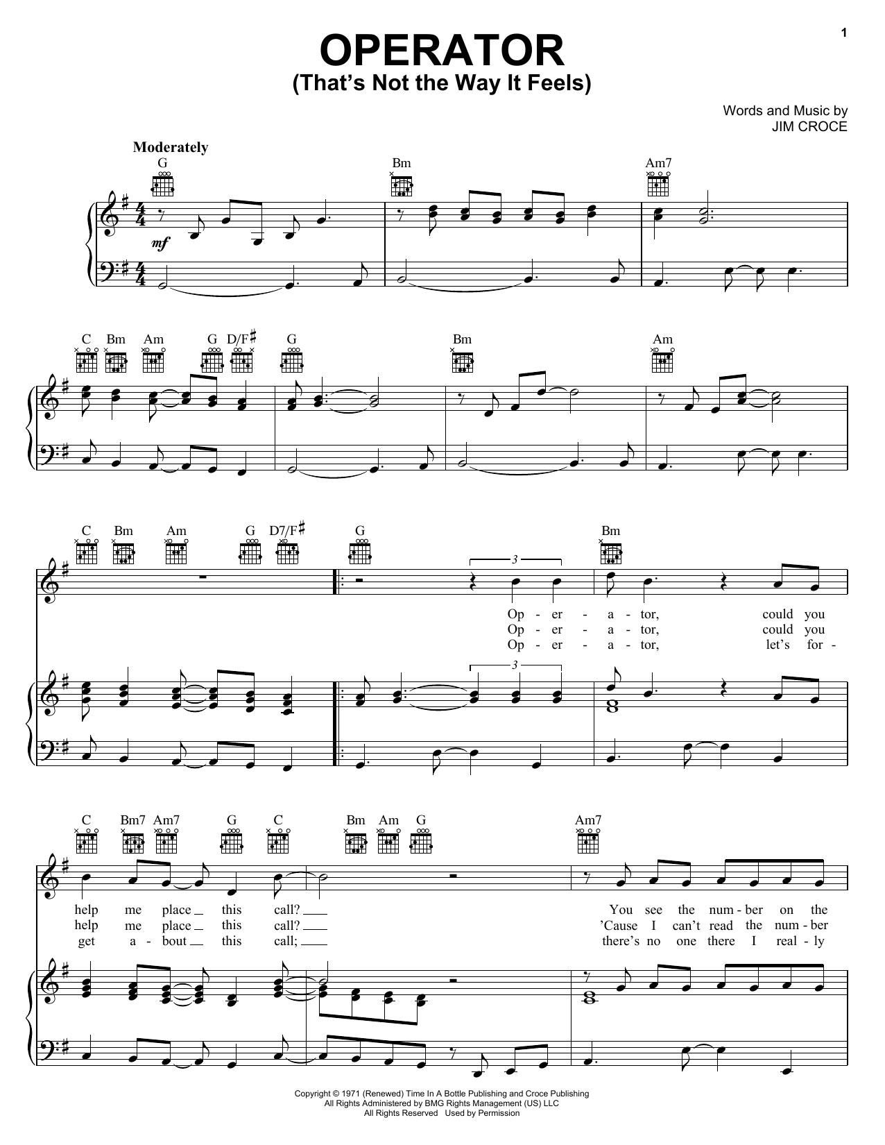 Jim Croce Operator That s Not The Way It Feels Sheet Music Notes 