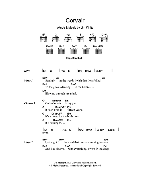 Download Jim White Corvair Sheet Music and learn how to play Lyrics & Chords PDF digital score in minutes