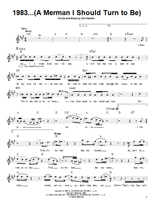 Download Jimi Hendrix 1983...(A Merman I Should Turn To Be) Sheet Music and learn how to play Melody Line, Lyrics & Chords PDF digital score in minutes