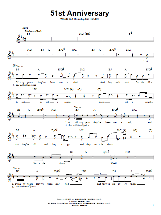 Download Jimi Hendrix 51st Anniversary Sheet Music and learn how to play Melody Line, Lyrics & Chords PDF digital score in minutes