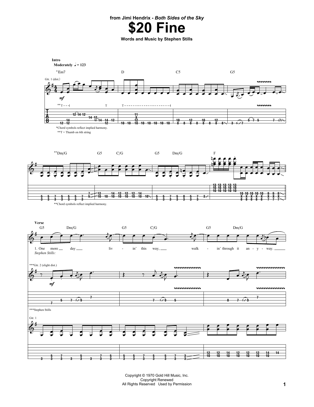Download Jimi Hendrix $20 Fine Sheet Music and learn how to play Guitar Tab PDF digital score in minutes