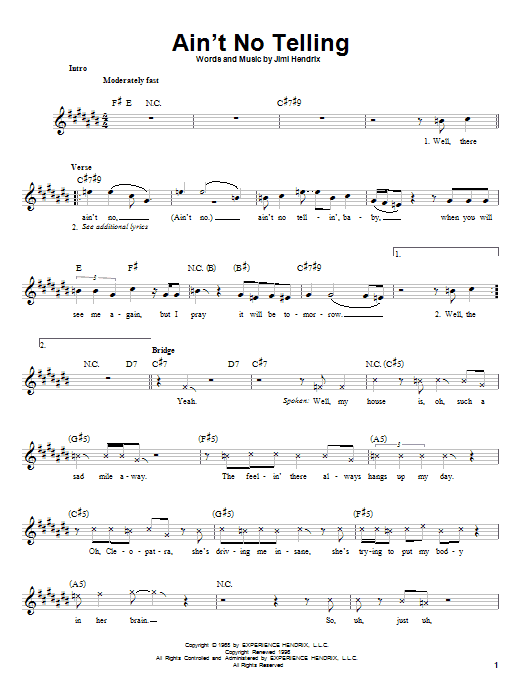 Download Jimi Hendrix Ain't No Telling Sheet Music and learn how to play Melody Line, Lyrics & Chords PDF digital score in minutes