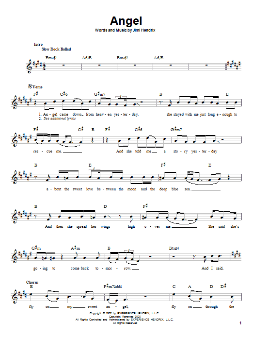 Download Jimi Hendrix Angel Sheet Music and learn how to play Melody Line, Lyrics & Chords PDF digital score in minutes
