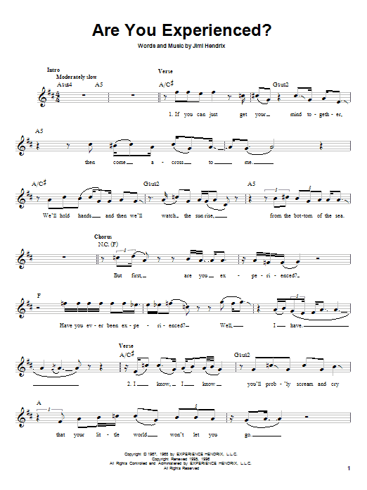 Download Jimi Hendrix Are You Experienced? Sheet Music and learn how to play Melody Line, Lyrics & Chords PDF digital score in minutes