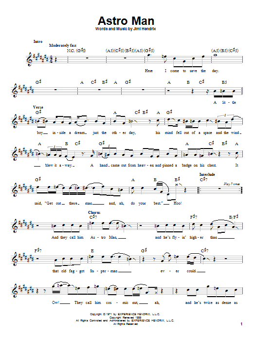 Download Jimi Hendrix Astro Man Sheet Music and learn how to play Melody Line, Lyrics & Chords PDF digital score in minutes