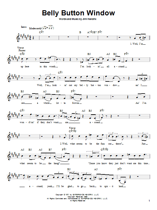 Download Jimi Hendrix Belly Button Window Sheet Music and learn how to play Melody Line, Lyrics & Chords PDF digital score in minutes
