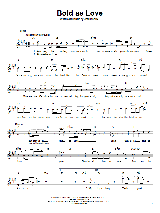 Download Jimi Hendrix Bold As Love Sheet Music and learn how to play Bass Guitar Tab PDF digital score in minutes