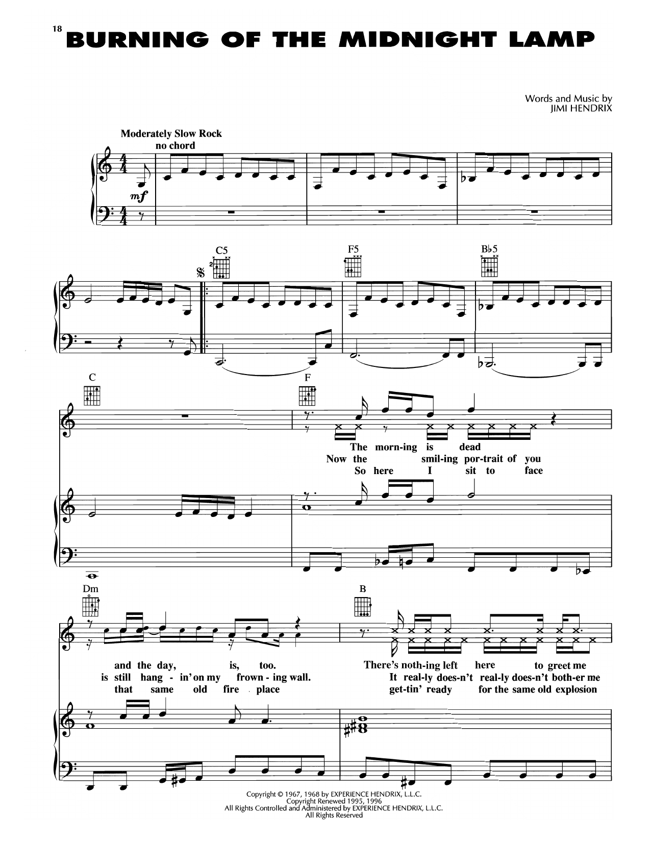 Download Jimi Hendrix Burning Of The Midnight Lamp Sheet Music and learn how to play Piano, Vocal & Guitar Chords (Right-Hand Melody) PDF digital score in minutes