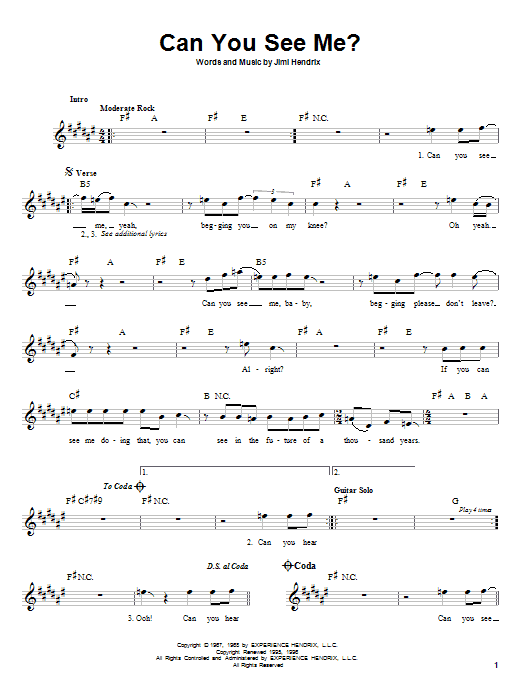 Download Jimi Hendrix Can You See Me? Sheet Music and learn how to play Melody Line, Lyrics & Chords PDF digital score in minutes