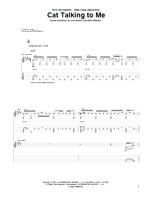 Download Jimi Hendrix Cat Talking To Me Sheet Music and learn how to play Guitar Tab PDF digital score in minutes