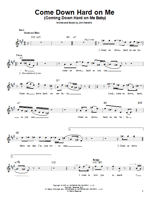 Download Jimi Hendrix Come Down Hard On Me (Coming Down Hard On Me Baby) Sheet Music and learn how to play Melody Line, Lyrics & Chords PDF digital score in minutes
