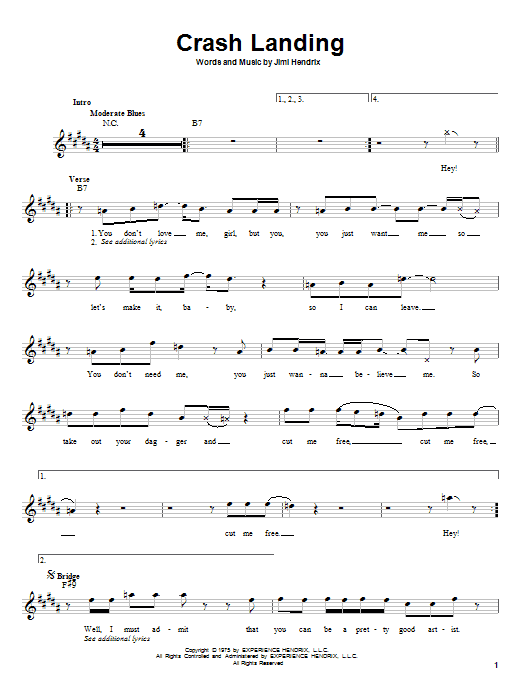 Download Jimi Hendrix Crash Landing Sheet Music and learn how to play Melody Line, Lyrics & Chords PDF digital score in minutes