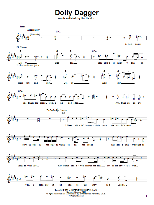 Download Jimi Hendrix Dolly Dagger Sheet Music and learn how to play Melody Line, Lyrics & Chords PDF digital score in minutes