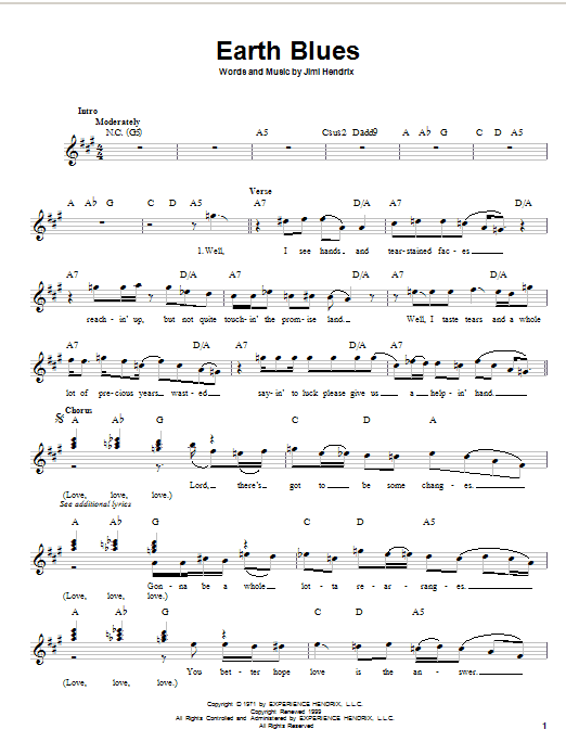 Download Jimi Hendrix Earth Blues Sheet Music and learn how to play Melody Line, Lyrics & Chords PDF digital score in minutes