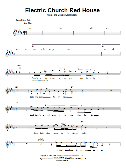 Download Jimi Hendrix Electric Church Red House Sheet Music and learn how to play Melody Line, Lyrics & Chords PDF digital score in minutes