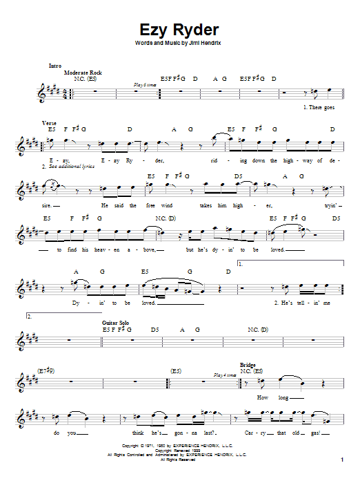 Download Jimi Hendrix EZY Ryder Sheet Music and learn how to play Melody Line, Lyrics & Chords PDF digital score in minutes