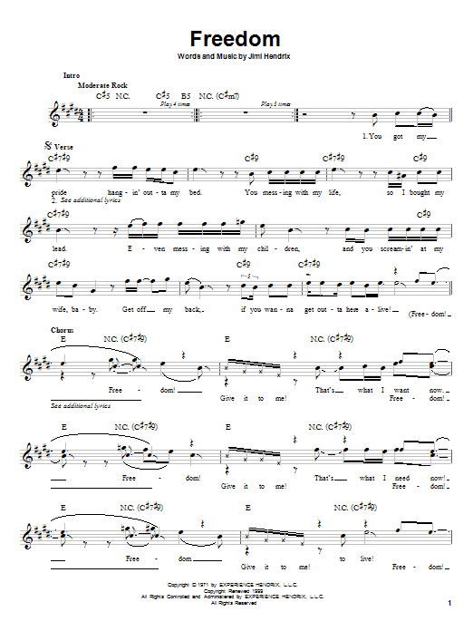 Download Jimi Hendrix Freedom Sheet Music and learn how to play GTRENS PDF digital score in minutes