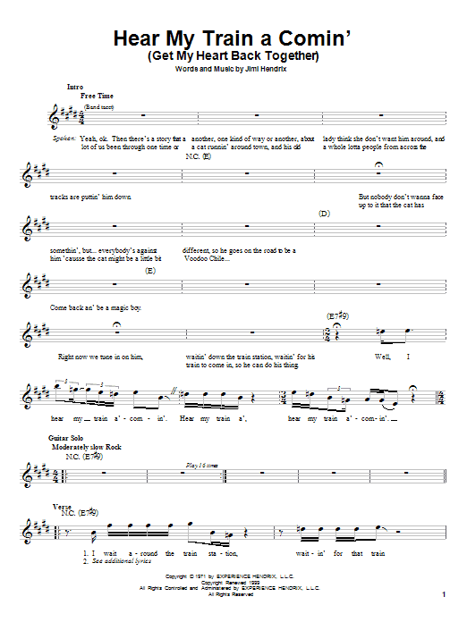 Download Jimi Hendrix Hear My Train A Comin' (Get My Heart Back Together) Sheet Music and learn how to play Melody Line, Lyrics & Chords PDF digital score in minutes