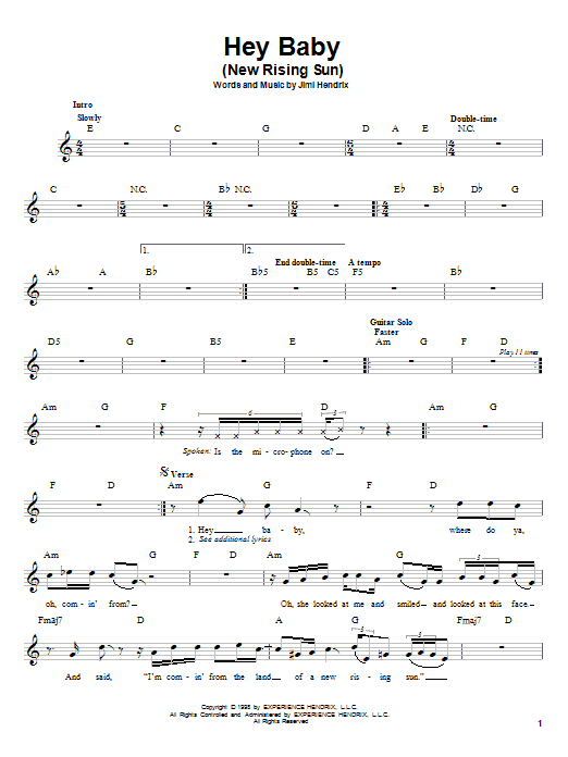 Download Jimi Hendrix Hey Baby (New Rising Sun) Sheet Music and learn how to play Melody Line, Lyrics & Chords PDF digital score in minutes