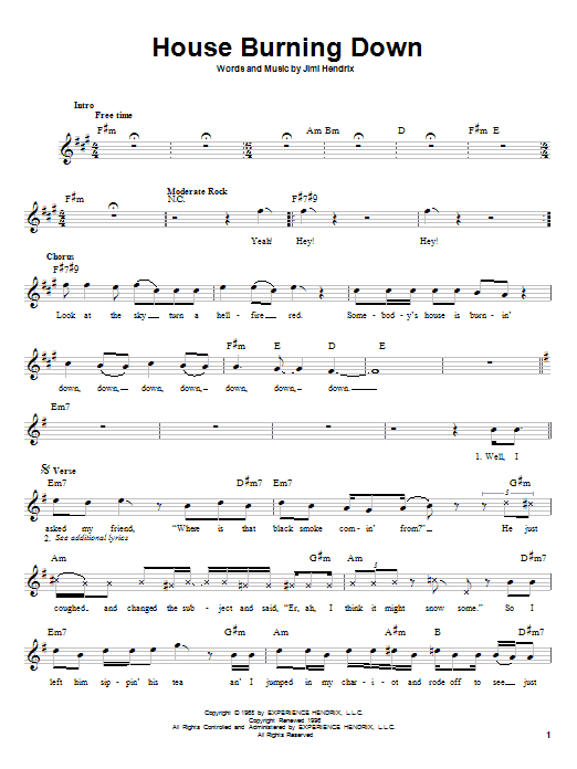 Download Jimi Hendrix House Burning Down Sheet Music and learn how to play Melody Line, Lyrics & Chords PDF digital score in minutes