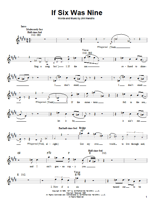 Download Jimi Hendrix If Six Was Nine Sheet Music and learn how to play Melody Line, Lyrics & Chords PDF digital score in minutes