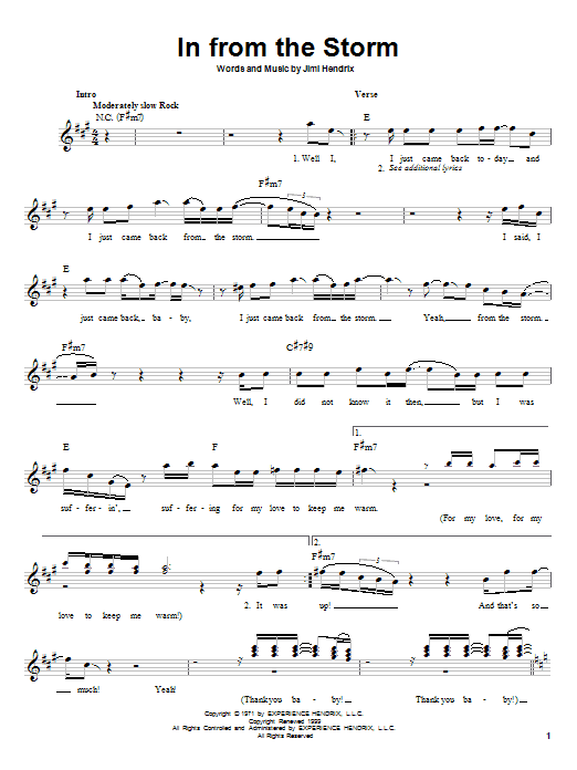 Download Jimi Hendrix In From The Storm Sheet Music and learn how to play Melody Line, Lyrics & Chords PDF digital score in minutes