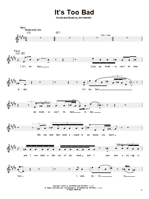 Download Jimi Hendrix It's Too Bad Sheet Music and learn how to play Melody Line, Lyrics & Chords PDF digital score in minutes