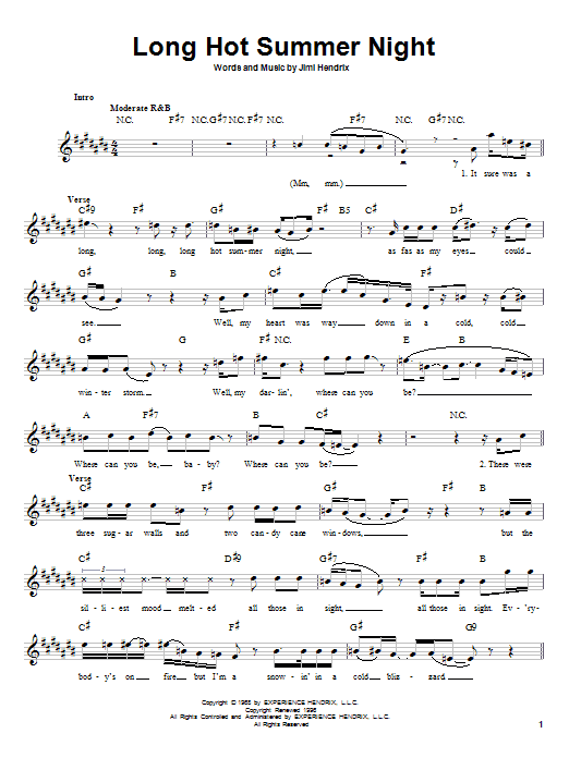 Download Jimi Hendrix Long Hot Summer Night Sheet Music and learn how to play Melody Line, Lyrics & Chords PDF digital score in minutes