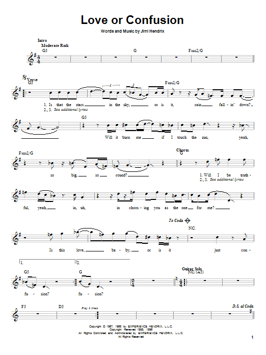 Download Jimi Hendrix Love Or Confusion Sheet Music and learn how to play Melody Line, Lyrics & Chords PDF digital score in minutes