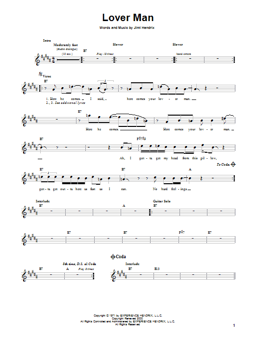 Download Jimi Hendrix Lover Man Sheet Music and learn how to play Melody Line, Lyrics & Chords PDF digital score in minutes