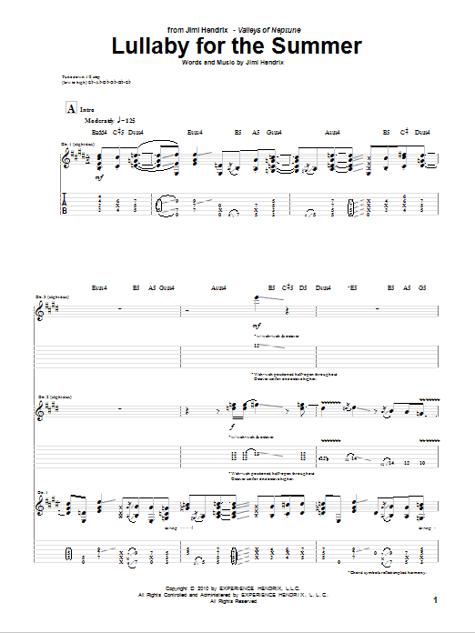 Download Jimi Hendrix Lullaby For The Summer Sheet Music and learn how to play Guitar Tab PDF digital score in minutes