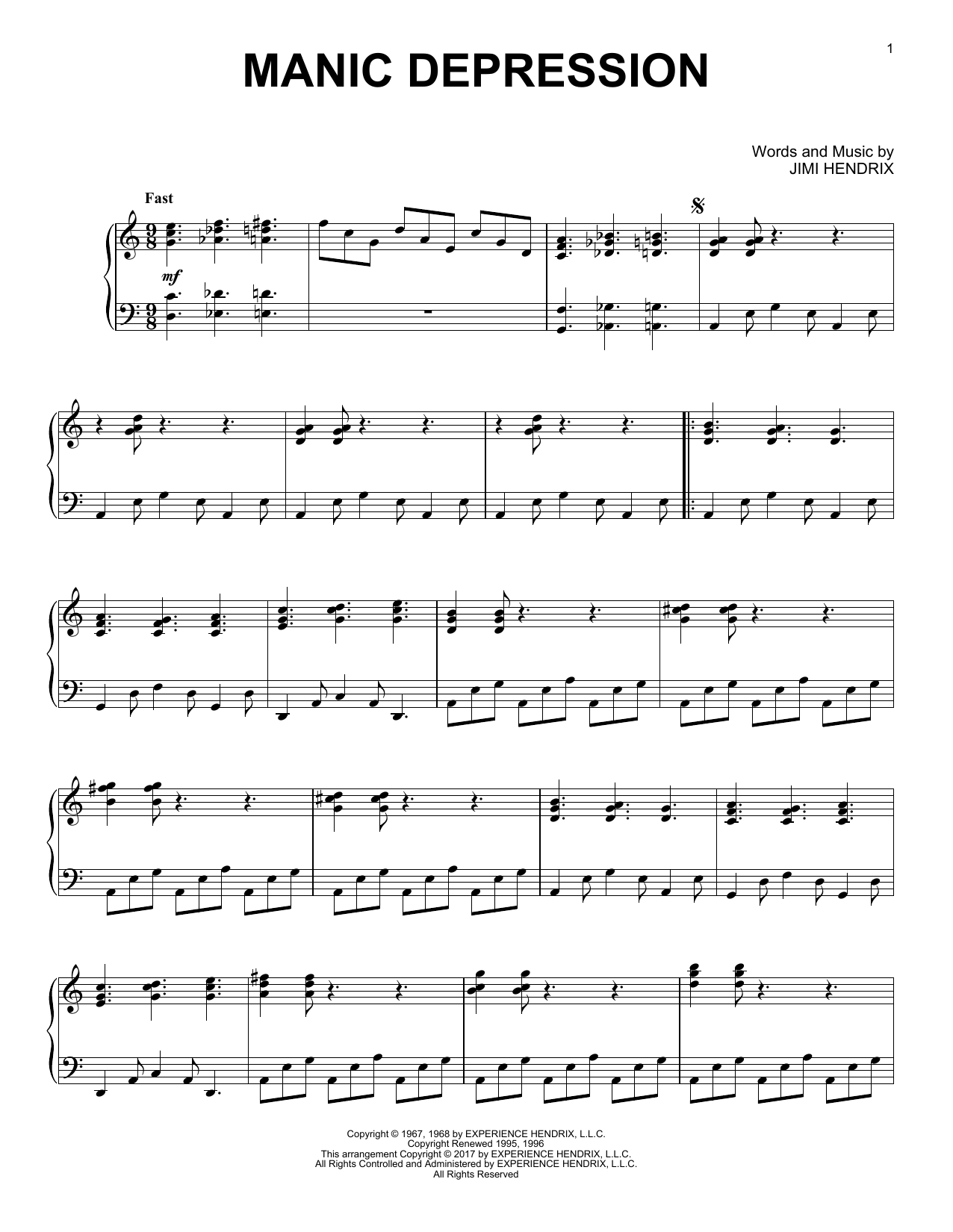 Download Jimi Hendrix Manic Depression [Jazz version] Sheet Music and learn how to play Piano Solo PDF digital score in minutes