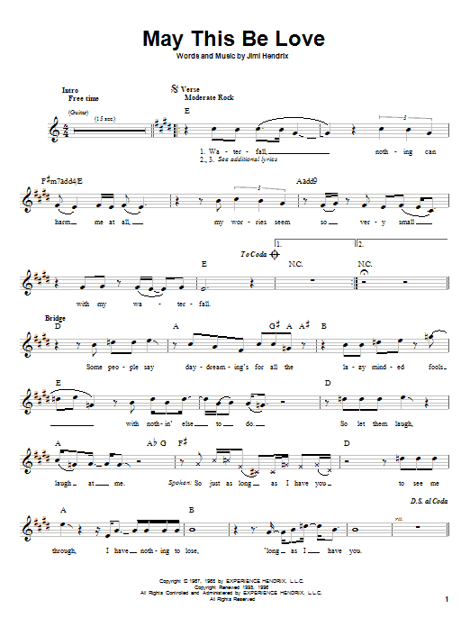 Download Jimi Hendrix May This Be Love Sheet Music and learn how to play Melody Line, Lyrics & Chords PDF digital score in minutes