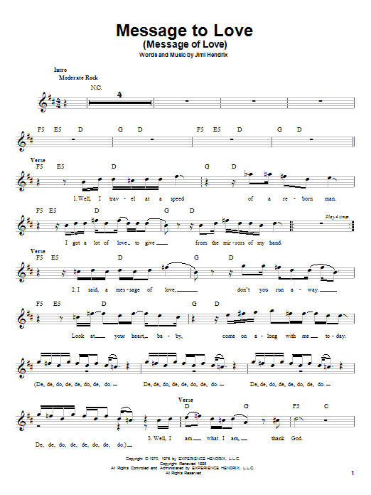 Download Jimi Hendrix Message To Love (Message Of Love) Sheet Music and learn how to play Melody Line, Lyrics & Chords PDF digital score in minutes