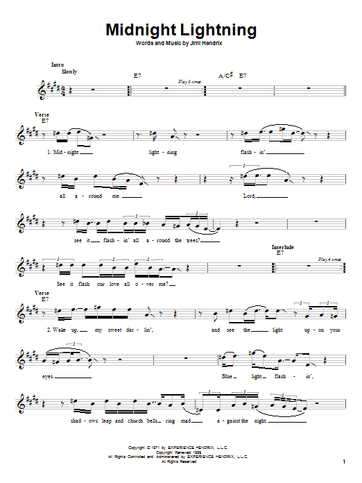 Download Jimi Hendrix Midnight Lightning Sheet Music and learn how to play Melody Line, Lyrics & Chords PDF digital score in minutes