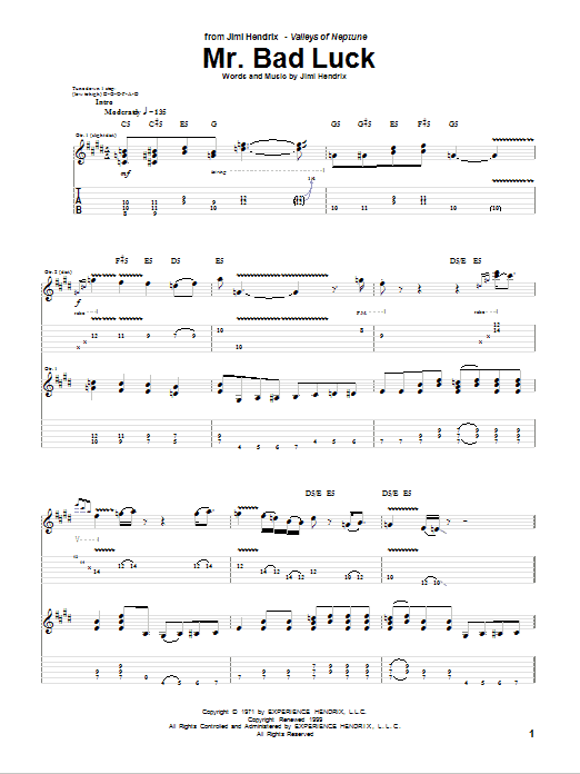 Download Jimi Hendrix Mr. Bad Luck Sheet Music and learn how to play Guitar Tab PDF digital score in minutes