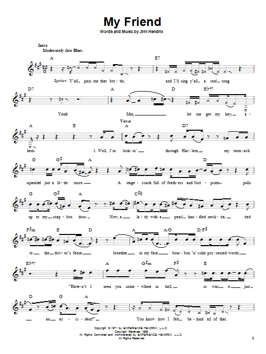 Download Jimi Hendrix My Friend Sheet Music and learn how to play Melody Line, Lyrics & Chords PDF digital score in minutes