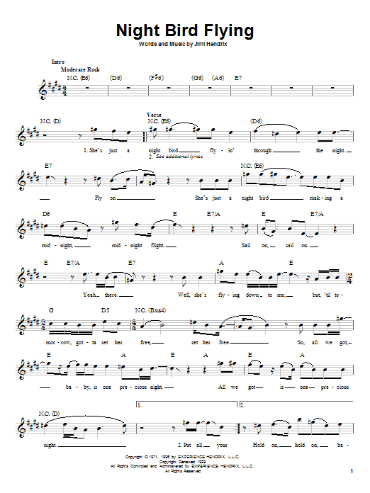 Download Jimi Hendrix Night Bird Flying Sheet Music and learn how to play Melody Line, Lyrics & Chords PDF digital score in minutes