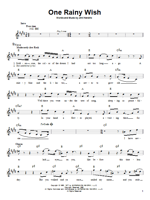 Download Jimi Hendrix One Rainy Wish Sheet Music and learn how to play Melody Line, Lyrics & Chords PDF digital score in minutes