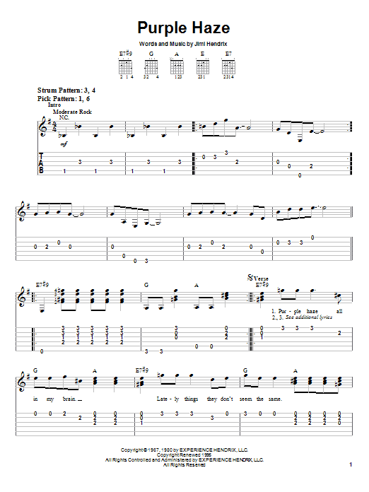 Download Jimi Hendrix Purple Haze Sheet Music and learn how to play GTRENS PDF digital score in minutes